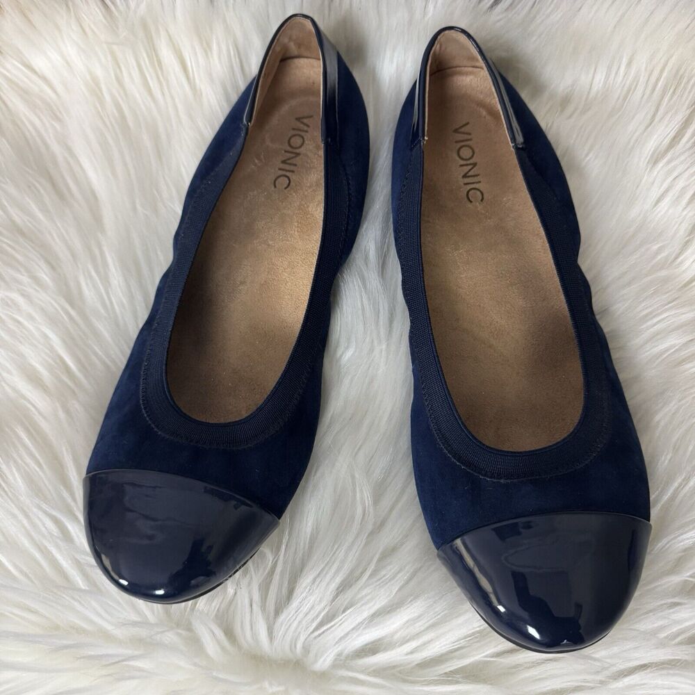 Vionic Tiegan Ballet Flat Navy Blue Suede Slip On Patent Cap Toe Womens Size 10